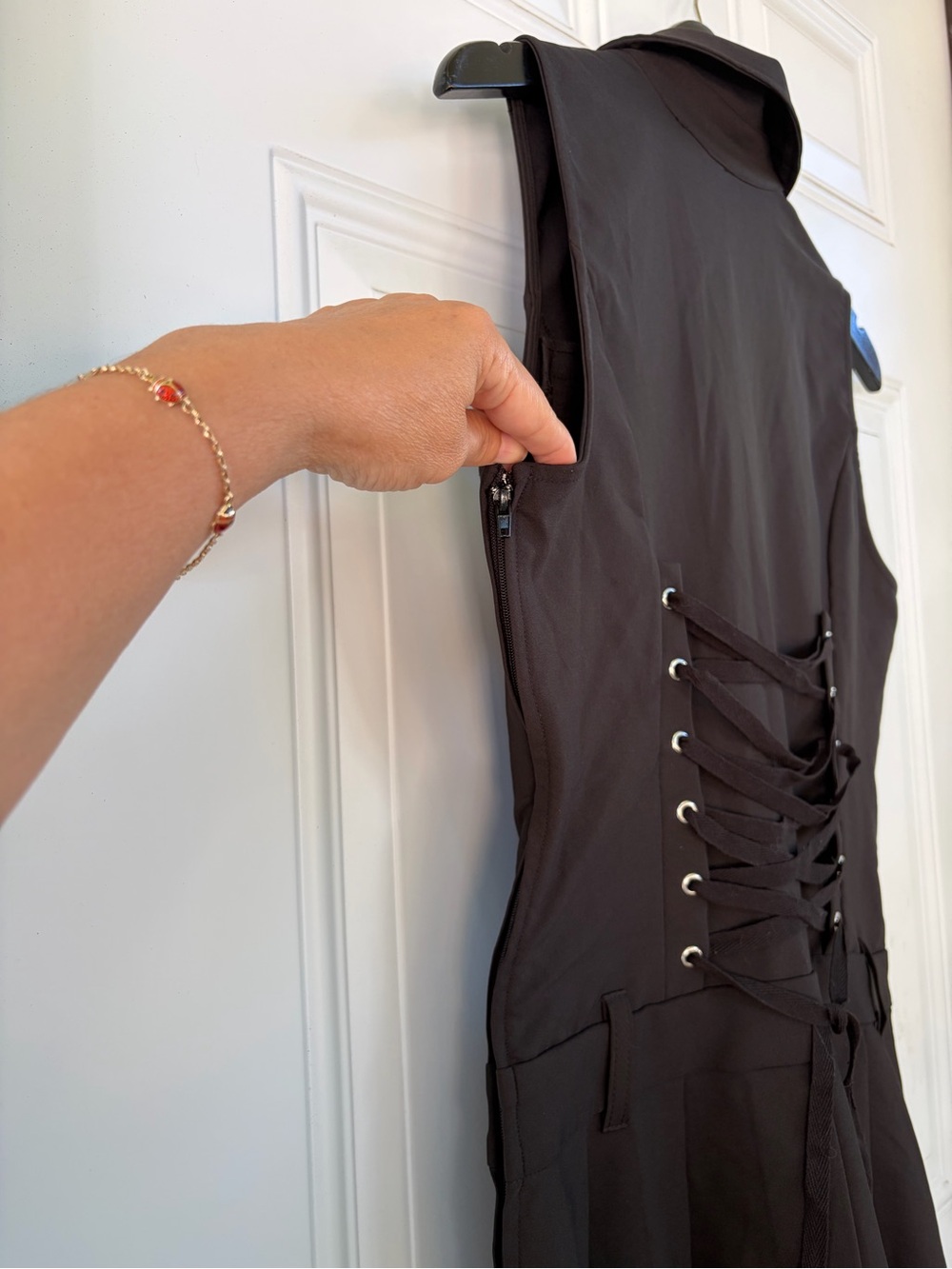 Sleeveless Black Button-Front Mini Dress with Silver Zippers - Picture 4 of 6